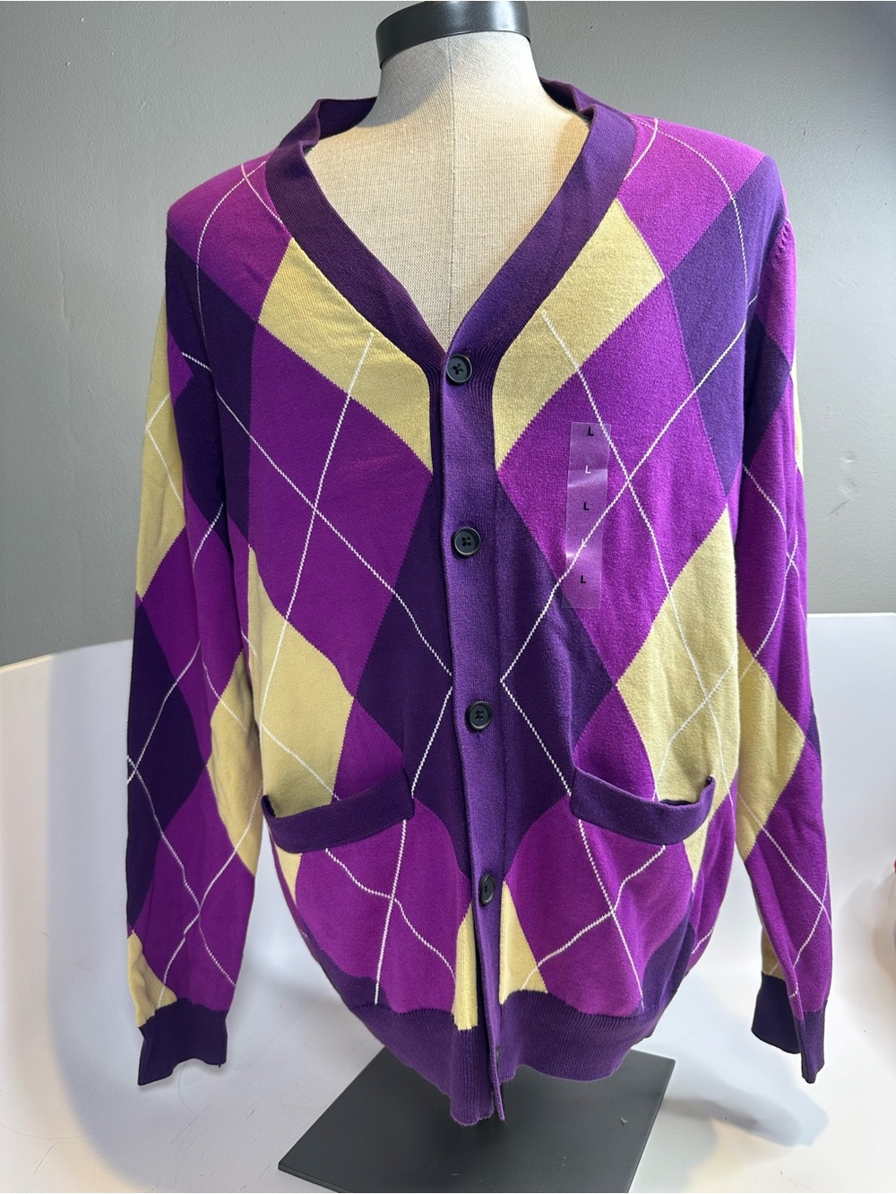 Club Room Purple and Cream Argyle Button-Up Cardigan